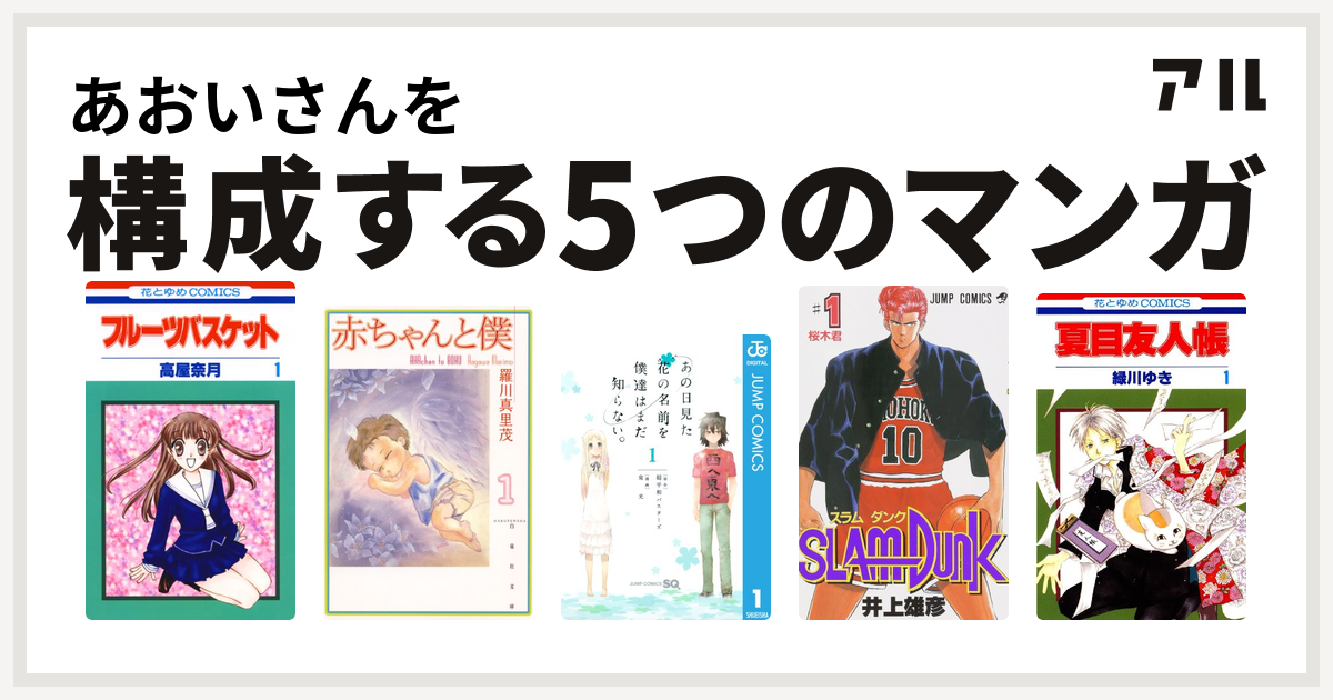 あおいさんを構成するマンガはフルーツバスケット 赤ちゃんと僕 あの日見た花の名前を僕達はまだ知らない Slam Dunk スラムダンク 夏目友人帳 私を構成する5つのマンガ アル