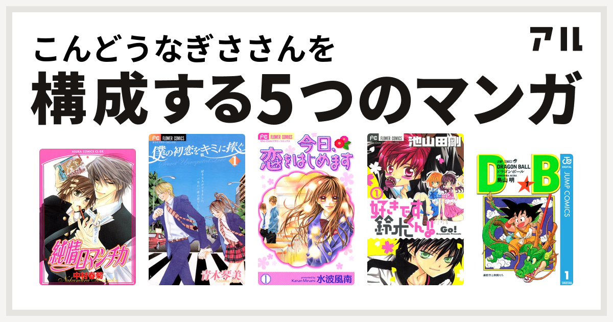 こんどうなぎささんを構成するマンガは純情ロマンチカ 僕の初恋をキミに捧ぐ 今日 恋をはじめます 好きです鈴木くん ドラゴンボール 私を構成する5つのマンガ アル