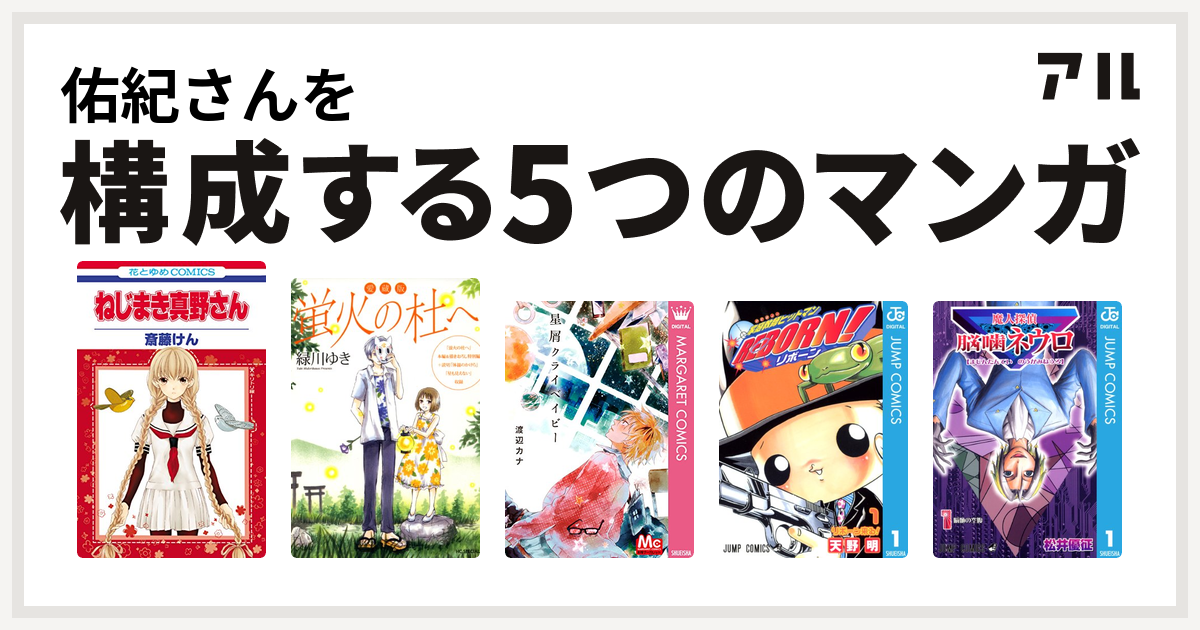 佑紀さんを構成するマンガはねじまき真野さん 愛蔵版 蛍火の杜へ 星屑クライベイビー 家庭教師ヒットマンreborn 魔人探偵脳噛ネウロ 私を構成する5つのマンガ アル