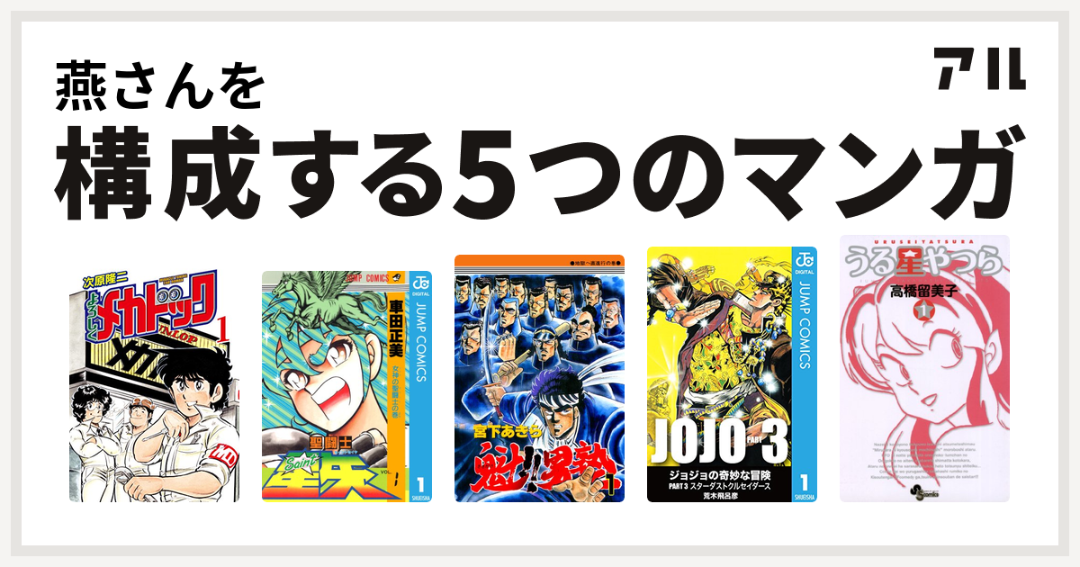 燕さんを構成するマンガはよろしくメカドック 聖闘士星矢 魁 男塾 ジョジョの奇妙な冒険 第3部 うる星やつら 私を構成する5つのマンガ アル