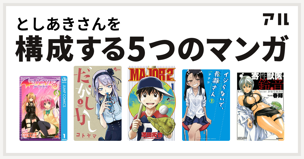 としあきさんを構成するマンガはto Loveる とらぶる ダークネス だがしかし Major 2nd メジャーセカンド イジらないで 長瀞さん 寄性獣医 鈴音 私を構成する5つのマンガ アル