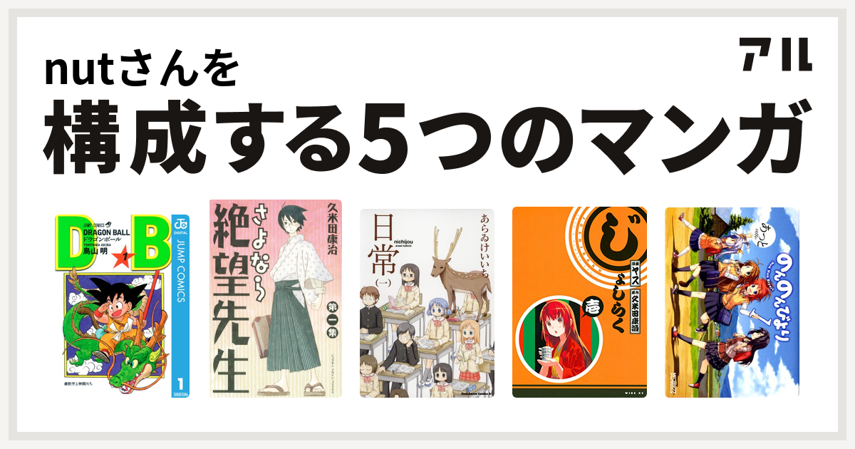 Nutさんを構成するマンガはドラゴンボール さよなら絶望先生 日常 じょしらく のんのんびより 私を構成する5つのマンガ アル