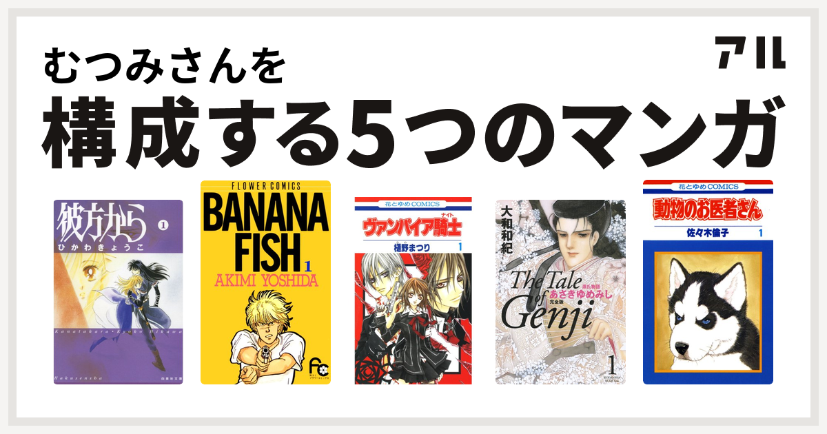 むつみさんを構成するマンガは彼方から BANANA FISH ヴァンパイア騎士 源氏物語 あさきゆめみし 動物のお医者さん -  私を構成する5つのマンガ | アル