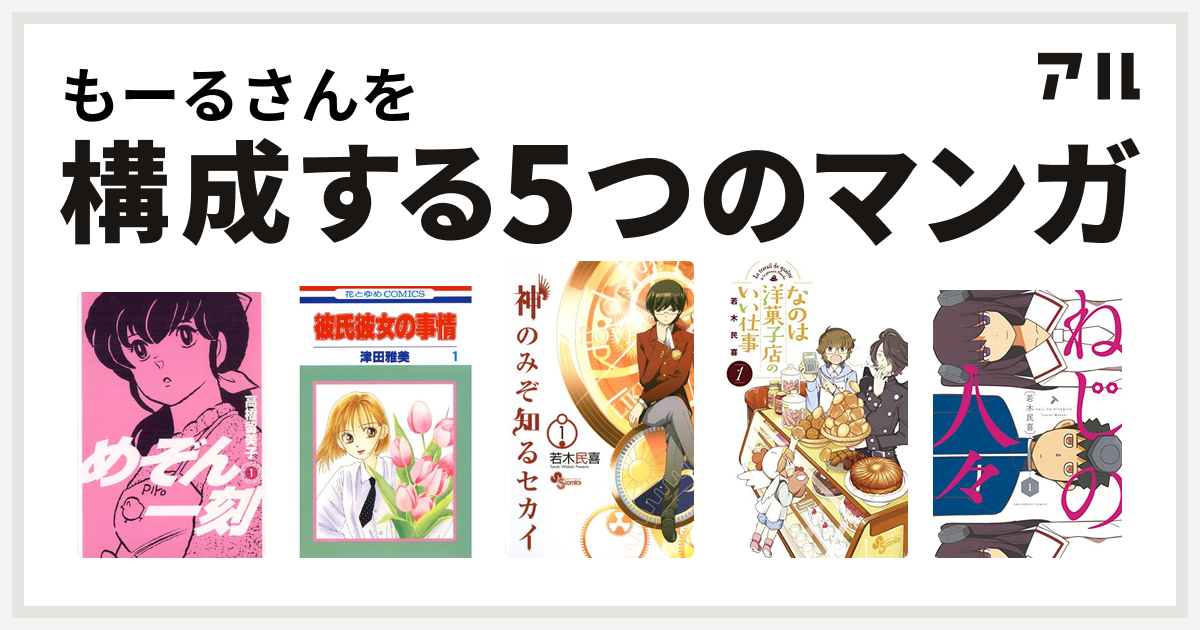 もーるさんを構成するマンガはめぞん一刻 彼氏彼女の事情 神のみぞ知るセカイ なのは洋菓子店のいい仕事 ねじの人々 私を構成する5つのマンガ アル