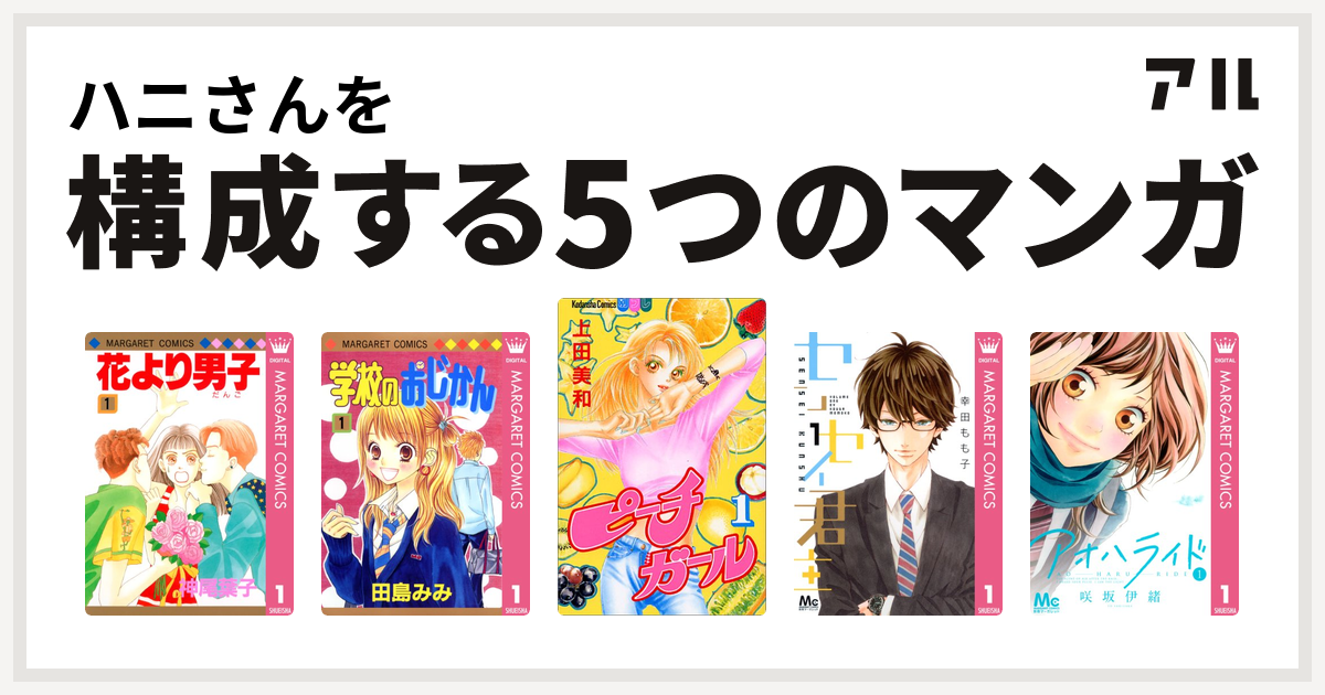 ハニさんを構成するマンガは花より男子 学校のおじかん ピーチガール センセイ君主 アオハライド 私を構成する5つのマンガ アル