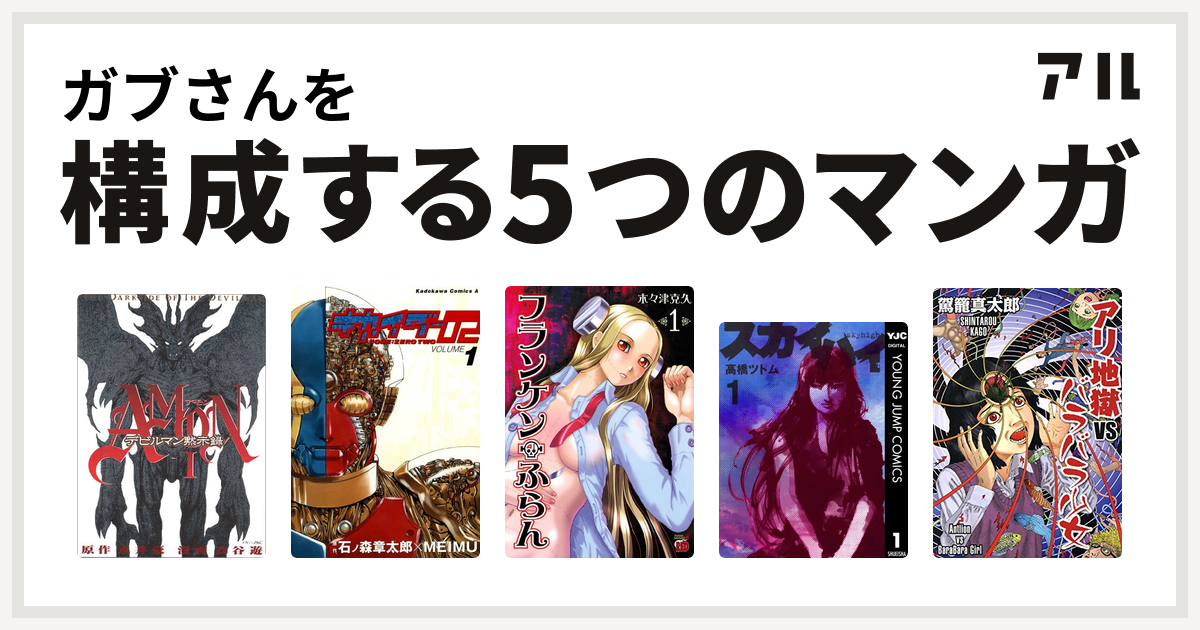 ガブさんを構成するマンガはamonデビルマン黙示録 キカイダー02 フランケン ふらん スカイハイ アリ地獄vsバラバラ少女 私を構成する5つの マンガ アル