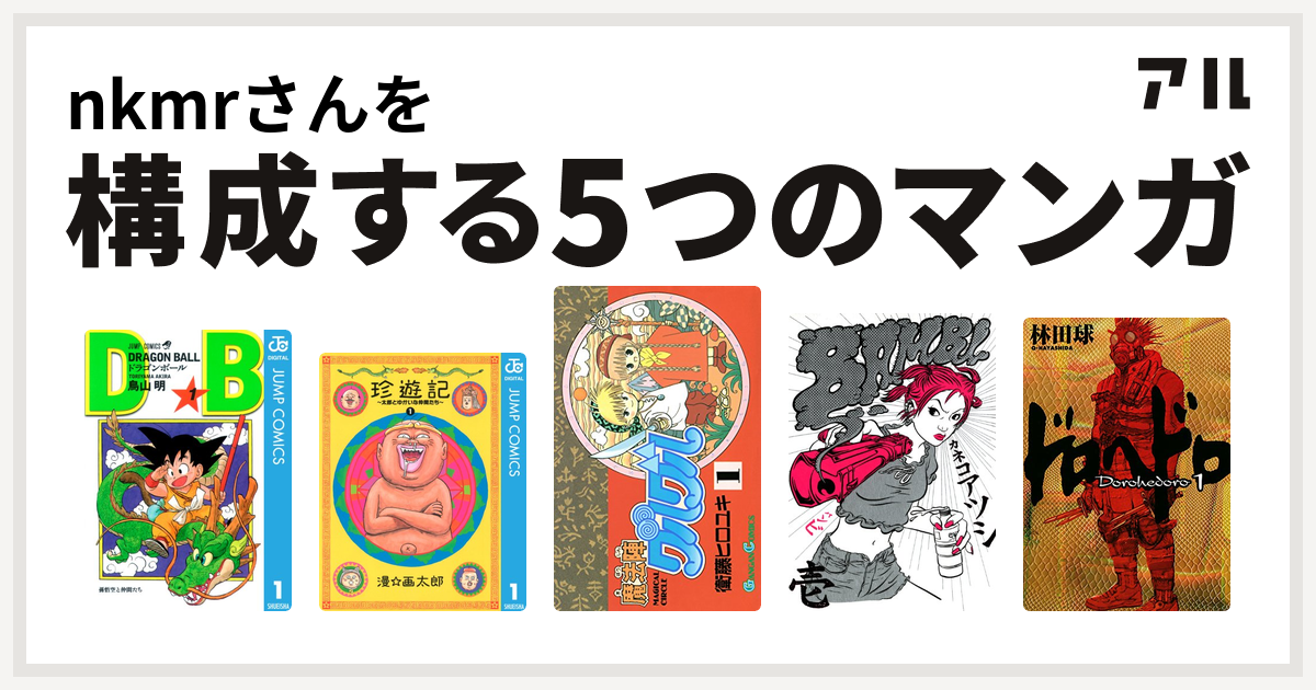 Nkmrさんを構成するマンガはドラゴンボール 珍遊記 太郎とゆかいな仲間たち 魔法陣グルグル Bambi ドロヘドロ 私を構成する5つのマンガ アル