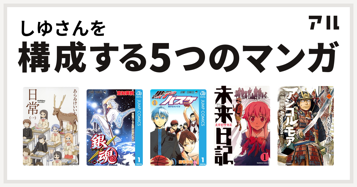しゆさんを構成するマンガは日常 銀魂 黒子のバスケ 未来日記 アンゴルモア 元寇合戦記 私を構成する5つのマンガ アル