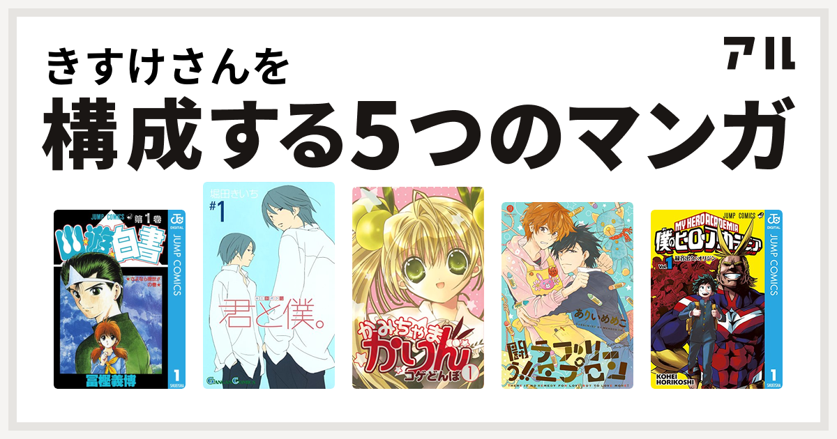 きすけさんを構成するマンガは幽遊白書 君と僕 かみちゃまかりん 闘う ラブリーエプロン 僕のヒーローアカデミア 私を構成する5つのマンガ アル