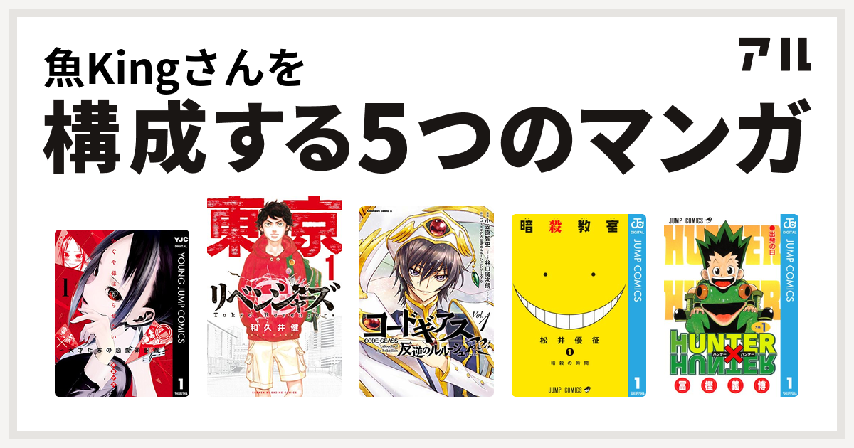 魚kingさんを構成するマンガはかぐや様は告らせたい 天才たちの恋愛頭脳戦 東京卍リベンジャーズ コードギアス 反逆のルルーシュ Re 暗殺教室 Hunter Hunter 私を構成する5つのマンガ アル