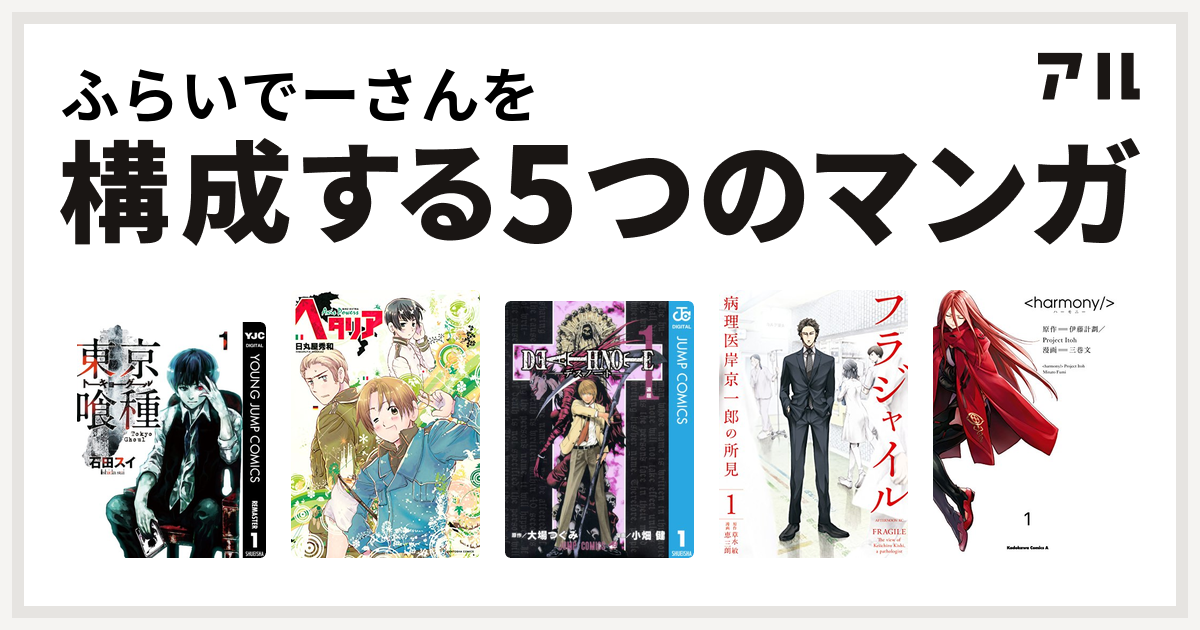 ふらいでーさんを構成するマンガは東京喰種トーキョーグール ヘタリア Axis Powers Death Note フラジャイル 病理医岸京一郎の所見 ハーモニー 私を構成する5つのマンガ アル