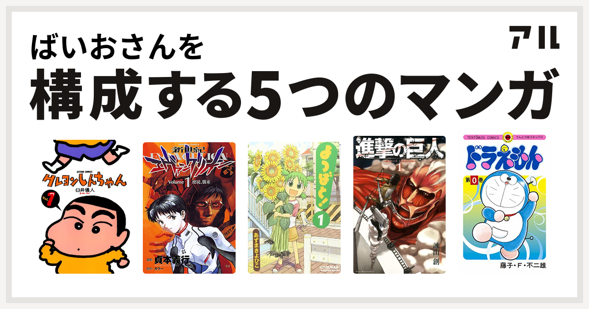 ばいおさんを構成するマンガはクレヨンしんちゃん 新世紀エヴァンゲリオン よつばと 進撃の巨人 ドラえもん 私を構成する5つのマンガ アル