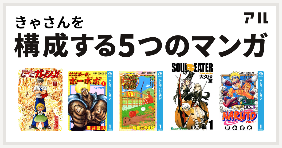 きゃさんを構成するマンガは金色のガッシュ ボボボーボ ボーボボ 増田こうすけ劇場 ギャグマンガ日和 ソウルイーター Naruto ナルト 私を構成する5つのマンガ アル