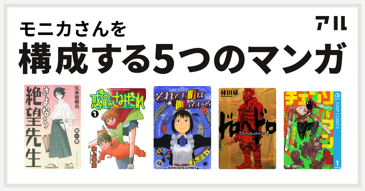 モニカさんを構成するマンガはさよなら絶望先生 惑星のさみだれ それでも町は廻っている ドロヘドロ チェンソーマン 私を構成する5つのマンガ アル