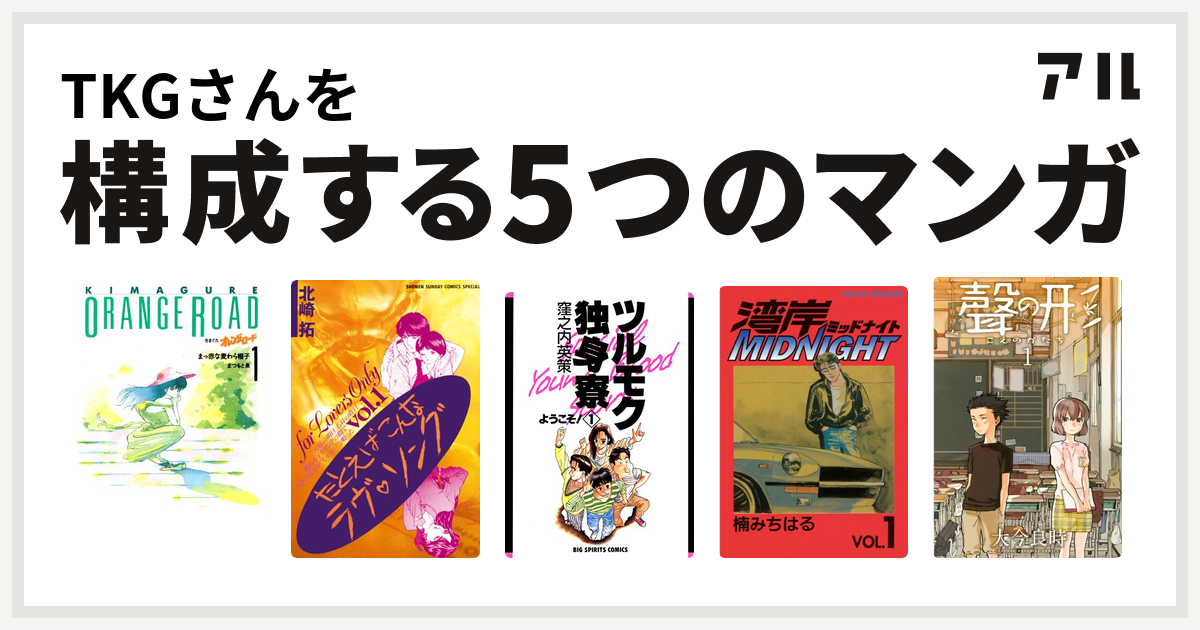 Tkgさんを構成するマンガはきまぐれオレンジ ロード たとえばこんなラヴ ソング ツルモク独身寮 湾岸midnight 聲の形 私を構成する5つのマンガ アル