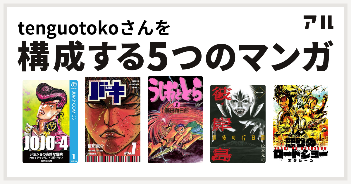 Tenguotokoさんを構成するマンガはジョジョの奇妙な冒険 第4部 バキ うしおととら 彼岸島 最後の47日間 怒りのロードショー 私を構成する5つのマンガ アル