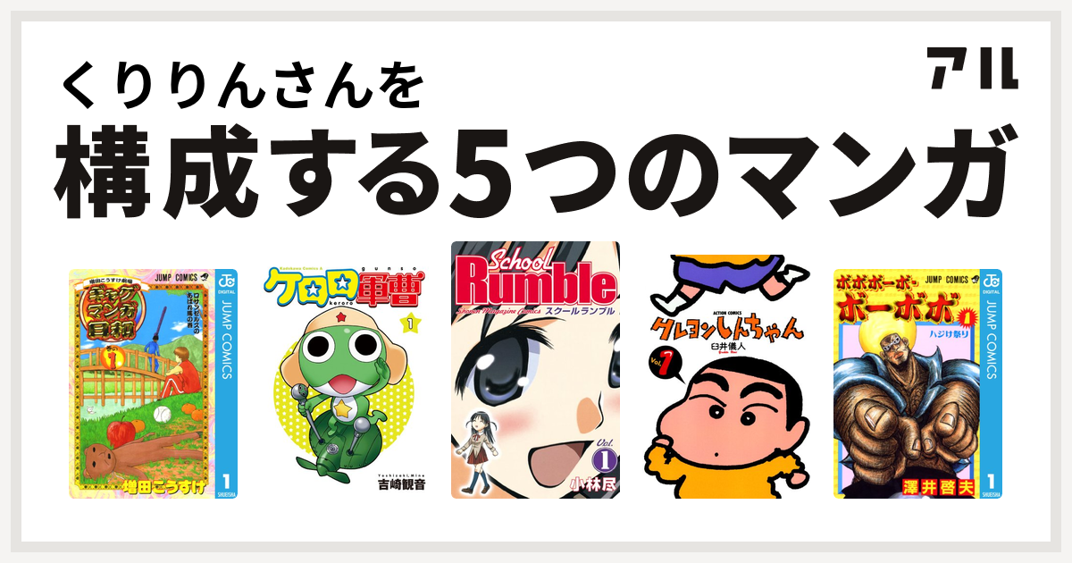 くりりんさんを構成するマンガは増田こうすけ劇場 ギャグマンガ日和 ケロロ軍曹 School Rumble クレヨンしんちゃん ボボボーボ ボーボボ 私を構成する5つのマンガ アル