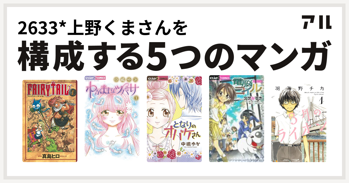 2633 上野くまさんを構成するマンガはfairy Tail わがままなツバサ となりのオバケさん 電脳コイル 3月のライオン 私を構成する5つのマンガ アル