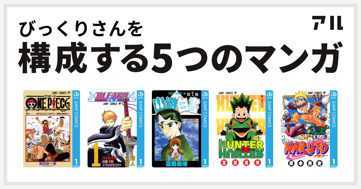 びっくりさんを構成するマンガはone Piece Bleach 幽遊白書 Hunter Hunter Naruto ナルト 私を構成する5つのマンガ アル