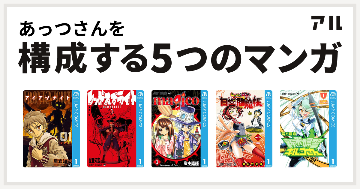 あっつさんを構成するマンガはアイアンナイト レッドスプライト Magico たくあんとバツの日常閻魔帳 新米婦警キルコさん 私を構成する5つのマンガ アル