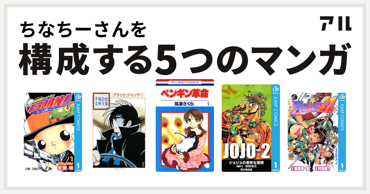 ちなちーさんを構成するマンガは家庭教師ヒットマンreborn ブラック ジャック ペンギン革命 ジョジョの奇妙な冒険 第2部 アイシールド21 私を構成する5つのマンガ アル