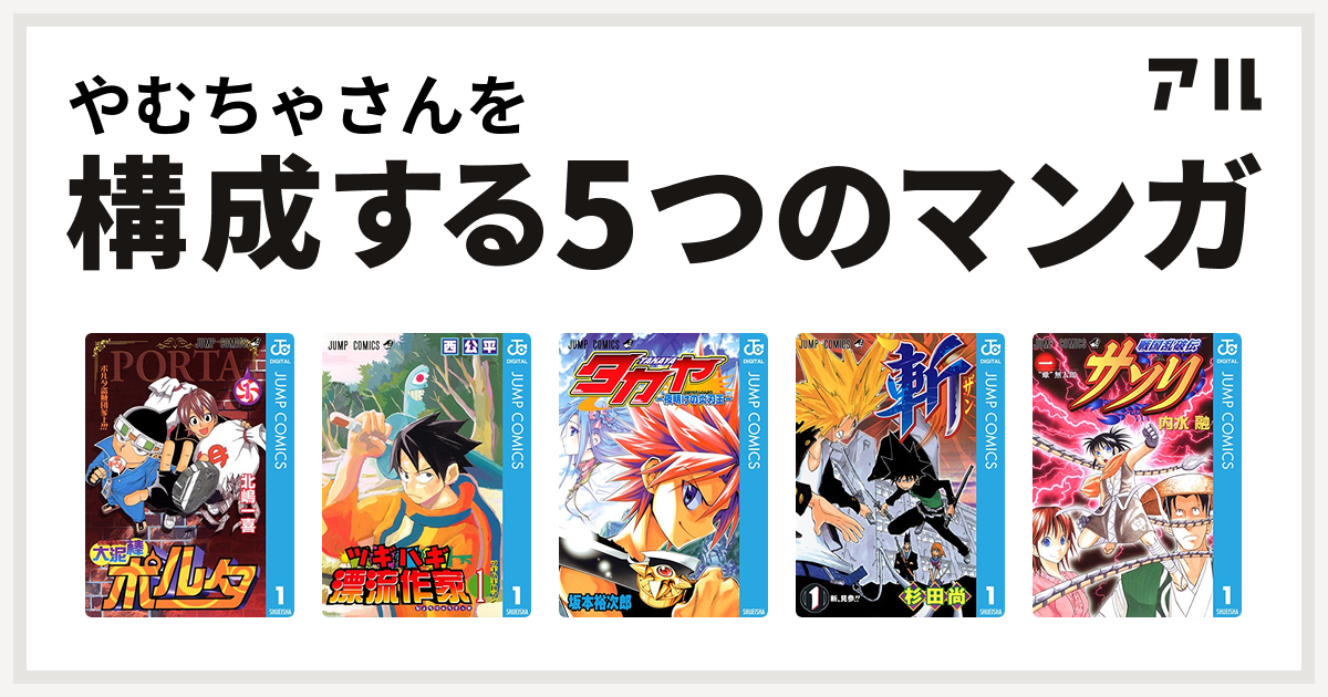 やむちゃさんを構成するマンガは大泥棒ポルタ ツギハギ漂流作家 タカヤ 夜明けの炎刃王 斬 戦国乱破伝 サソリ 私を構成する5つのマンガ アル