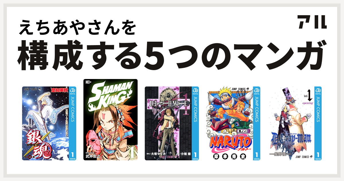 えちあやさんを構成するマンガは銀魂 Shaman King シャーマンキング Death Note Naruto ナルト D Gray Man 私を構成する5つのマンガ アル