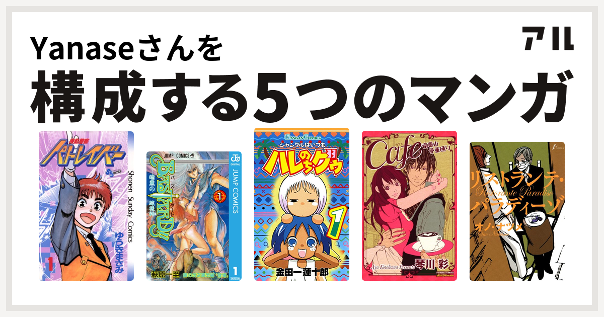 Yanaseさんを構成するマンガは機動警察パトレイバー Bastard 暗黒の破壊神 ジャングルはいつもハレのちグゥ Cafe南青山骨董通り リストランテ パラディーゾ 私を構成する5つのマンガ アル