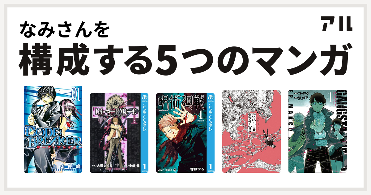 なみさんを構成するマンガはc0de Breaker Death Note 呪術廻戦 たびしカワラん Gangsta Cursed Ep Marco Adriano 私を構成する5つのマンガ アル