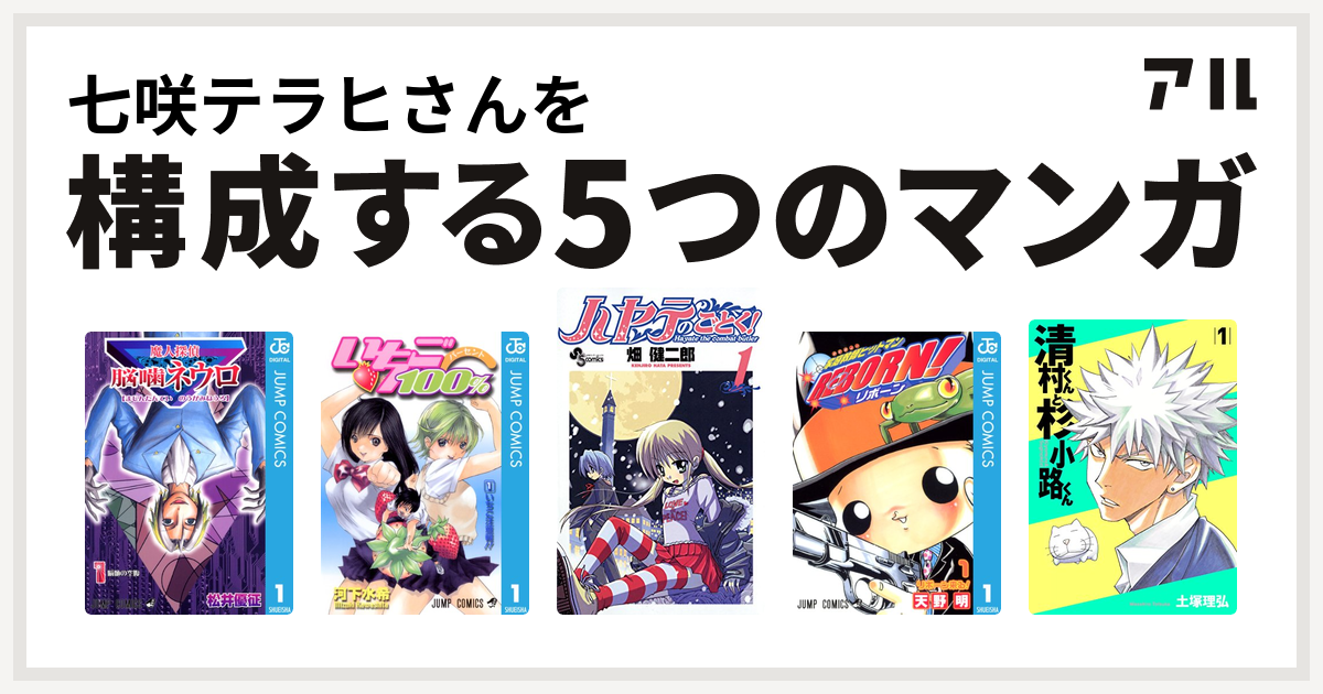 七咲テラヒさんを構成するマンガは魔人探偵脳噛ネウロ いちご100 ハヤテのごとく 家庭教師ヒットマンreborn 清村くんと杉小路くん 私を構成する5つのマンガ アル