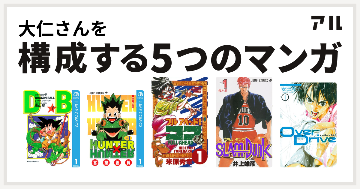 大仁さんを構成するマンガはドラゴンボール Hunter Hunter フルアヘッド ココ Slam Dunk スラムダンク Over Drive 私を構成する5つのマンガ アル