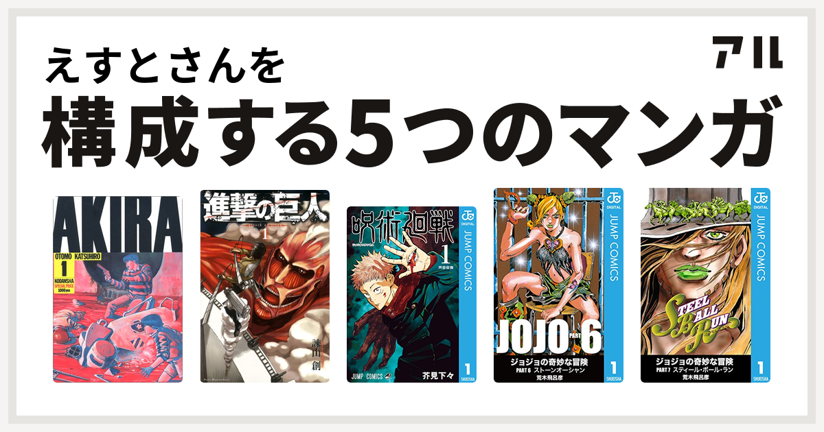 えすとさんを構成するマンガはakira 進撃の巨人 呪術廻戦 ジョジョの奇妙な冒険 第6部 ジョジョの奇妙な冒険 第7部 私を構成する5つのマンガ アル