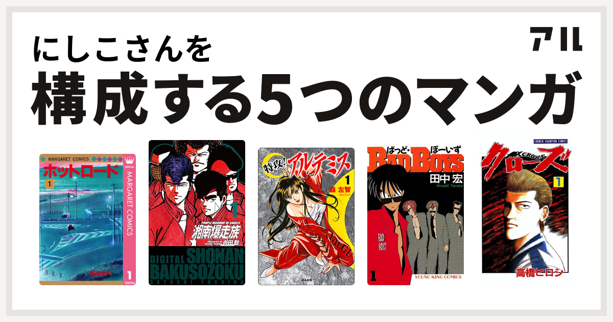 にしこさんを構成するマンガはホットロード 湘南爆走族 特攻 アルテミス Badboys クローズ 私を構成する5つのマンガ アル