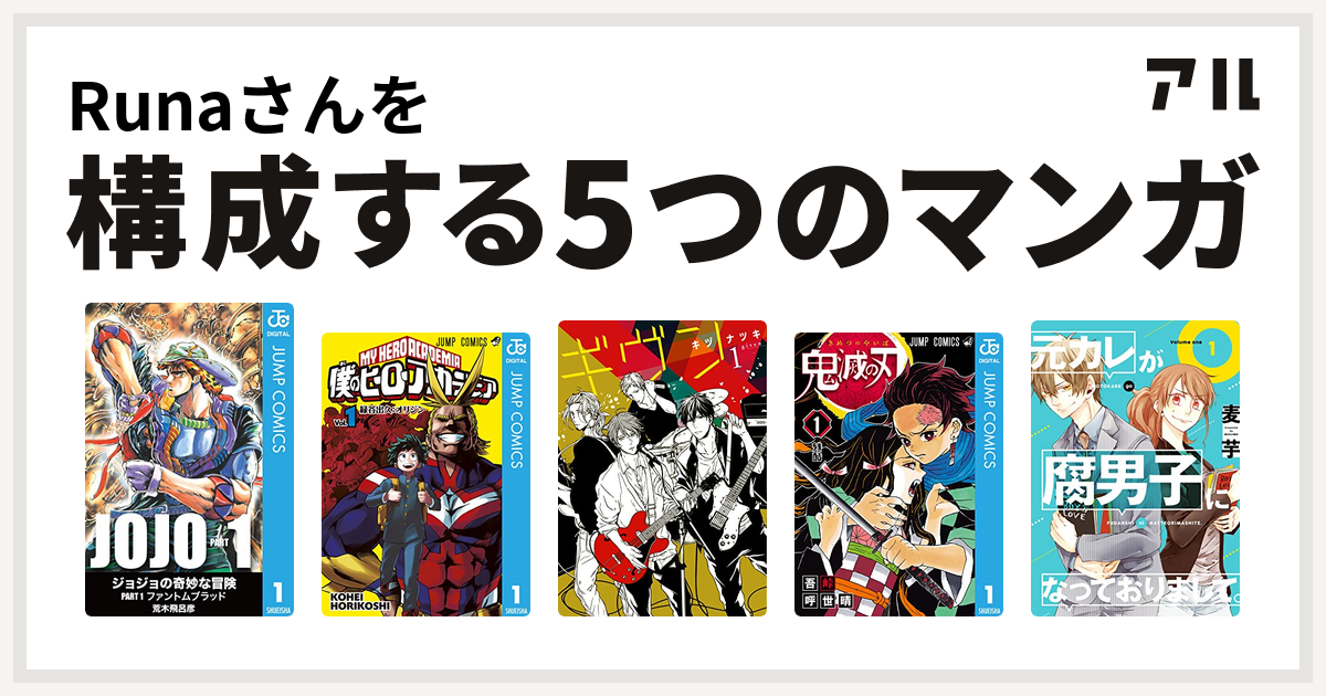 Runaさんを構成するマンガは僕のヒーローアカデミア ギヴン 鬼滅の刃 元カレが腐男子になっておりまして 私を構成する5つのマンガ アル