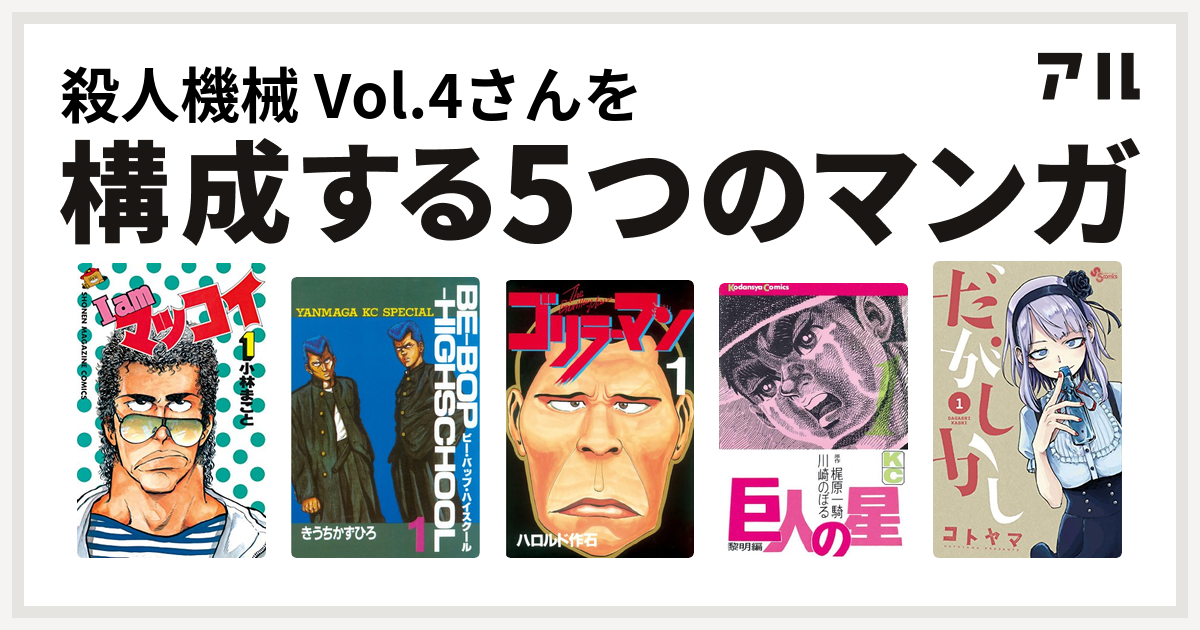 殺人機械 Vol 4さんを構成するマンガはi Am マッコイ Be Bop Highschool ゴリラーマン 巨人の星 だがしかし 私を構成する5つのマンガ アル