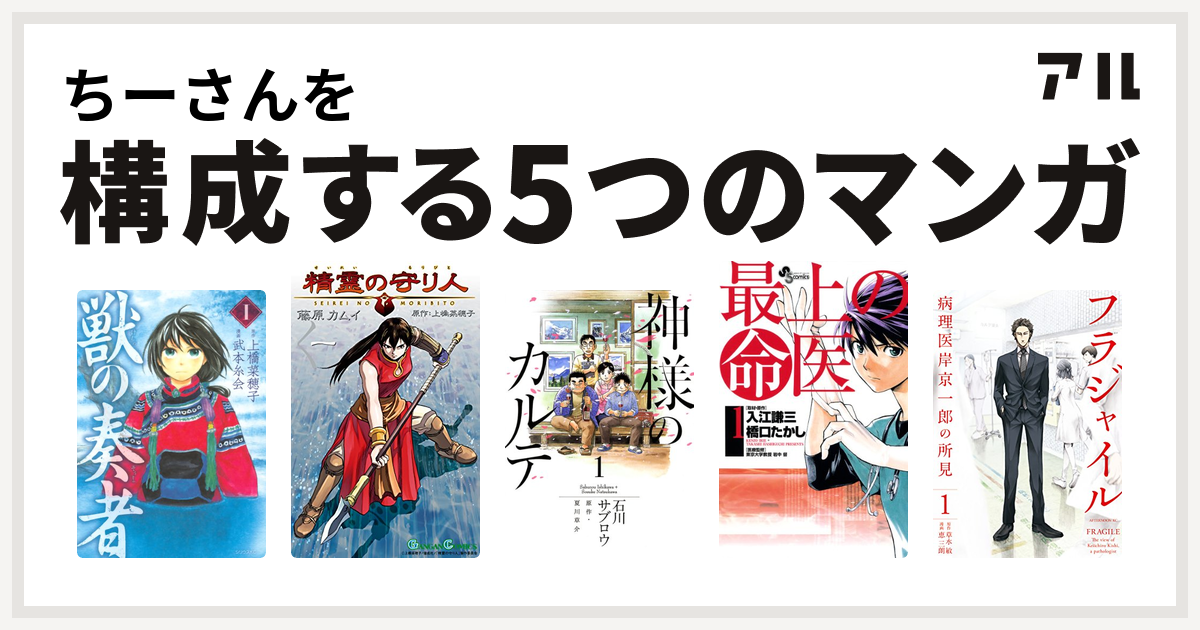 ちーさんを構成するマンガは獣の奏者 精霊の守り人 神様のカルテ 最上の命医 フラジャイル 病理医岸京一郎の所見 私を構成する5つのマンガ アル