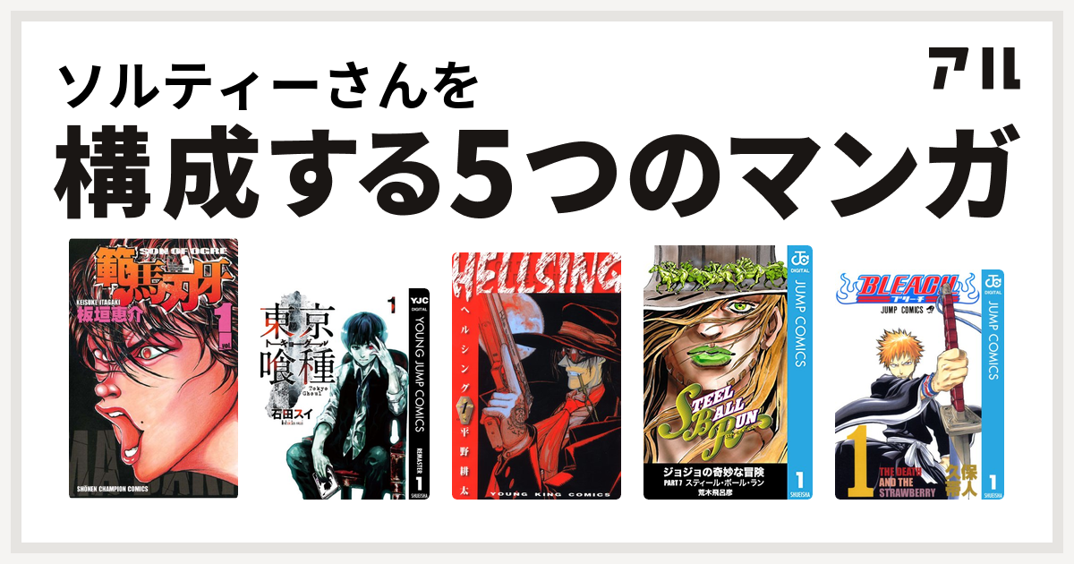 ソルティーさんを構成するマンガは範馬刃牙 東京喰種トーキョーグール Hellsing ジョジョの奇妙な冒険 第7部 Bleach 私を構成する5つのマンガ アル