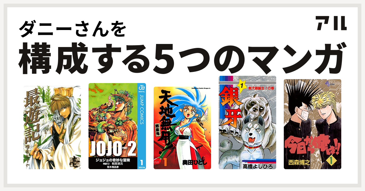 ダニーさんを構成するマンガは最遊記 ジョジョの奇妙な冒険 第2部 天地無用 魎皇鬼 銀牙 流れ星 銀 今日から俺は 私を構成する5つのマンガ アル