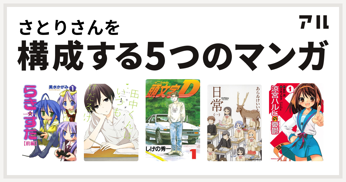 さとりさんを構成するマンガはらき すた 田中くんはいつもけだるげ 頭文字d 日常 涼宮ハルヒの憂鬱 私を構成する5つのマンガ アル