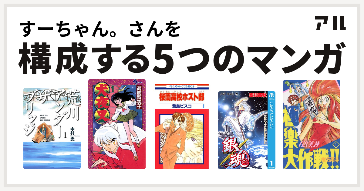 すーちゃん さんを構成するマンガは荒川アンダー ザ ブリッジ 犬夜叉 桜蘭高校ホスト部 銀魂 Gs美神 極楽大作戦 私を構成する5つのマンガ アル