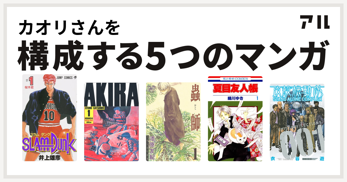 カオリさんを構成するマンガはSLAM DUNK(スラムダンク)
AKIRA
蟲師
夏目友人帳
攻殻機動隊 STAND ALONE COMPLEX！