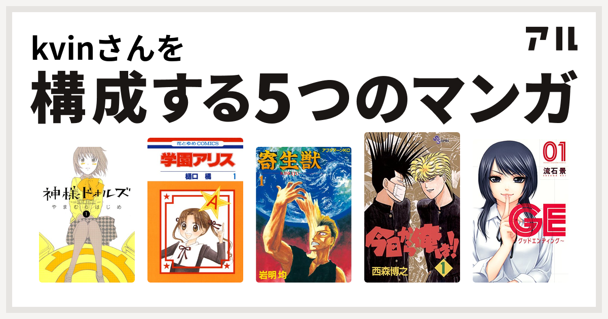 Kvinさんを構成するマンガは神様ドォルズ 学園アリス 寄生獣 今日から俺は Ge グッドエンディング 私を構成する5つのマンガ アル