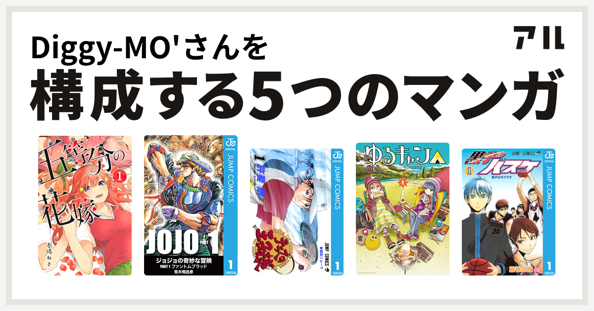 Diggy Mo さんを構成するマンガは五等分の花嫁 テニスの王子様 ゆるキャン 黒子のバスケ 私を構成する5つのマンガ アル