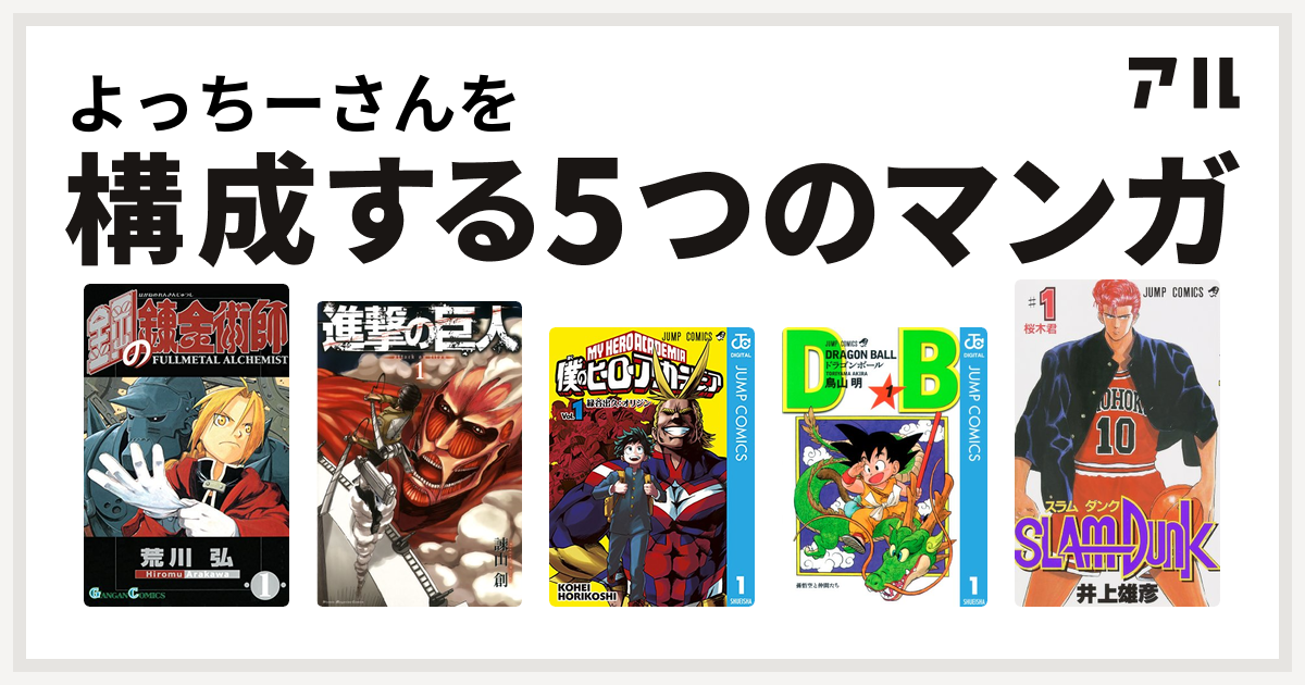 よっちーさんを構成するマンガは鋼の錬金術師 進撃の巨人 僕のヒーローアカデミア ドラゴンボール Slam Dunk スラムダンク 私を構成する5つのマンガ アル