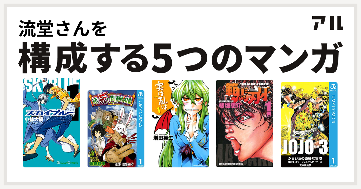 流堂さんを構成するマンガはスカイブルー 逢魔ヶ刻動物園 実は私は 範馬刃牙 ジョジョの奇妙な冒険 第3部 私を構成する5つのマンガ アル