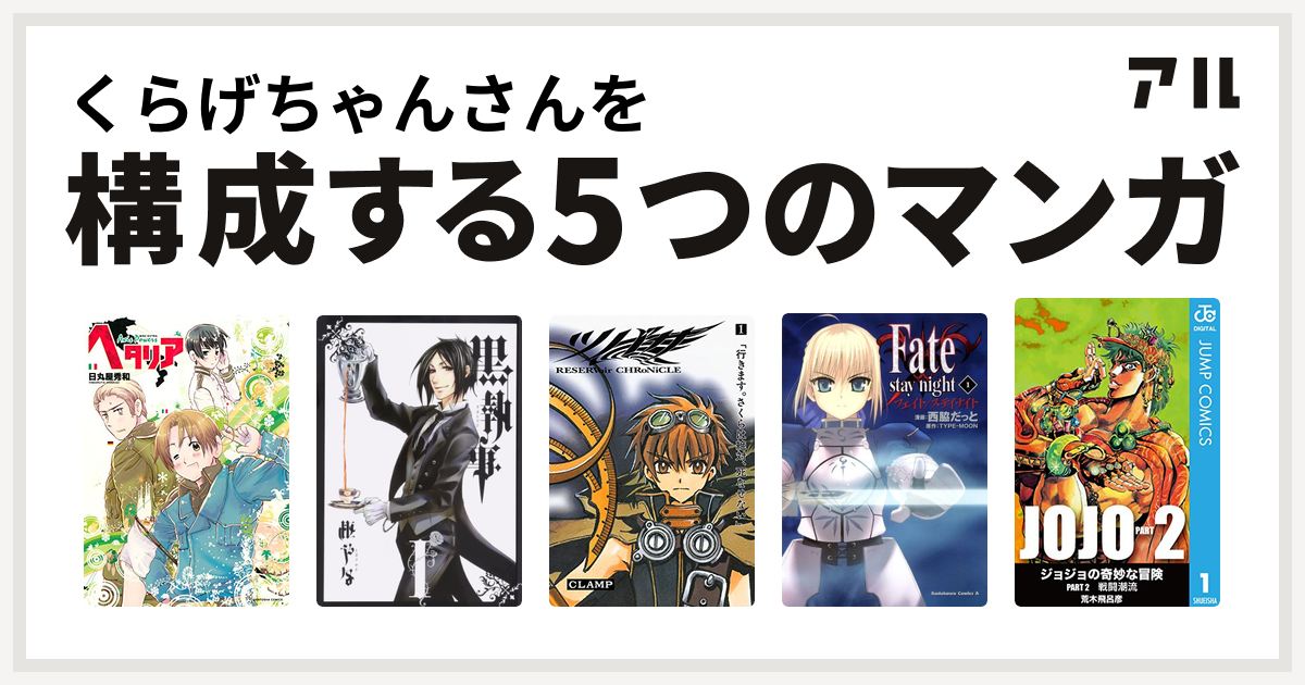 くらげちゃんさんを構成するマンガはヘタリア Axis Powers 黒執事 ツバサ Fate Stay Night ジョジョの奇妙な冒険 第2部 私を構成する5つのマンガ アル