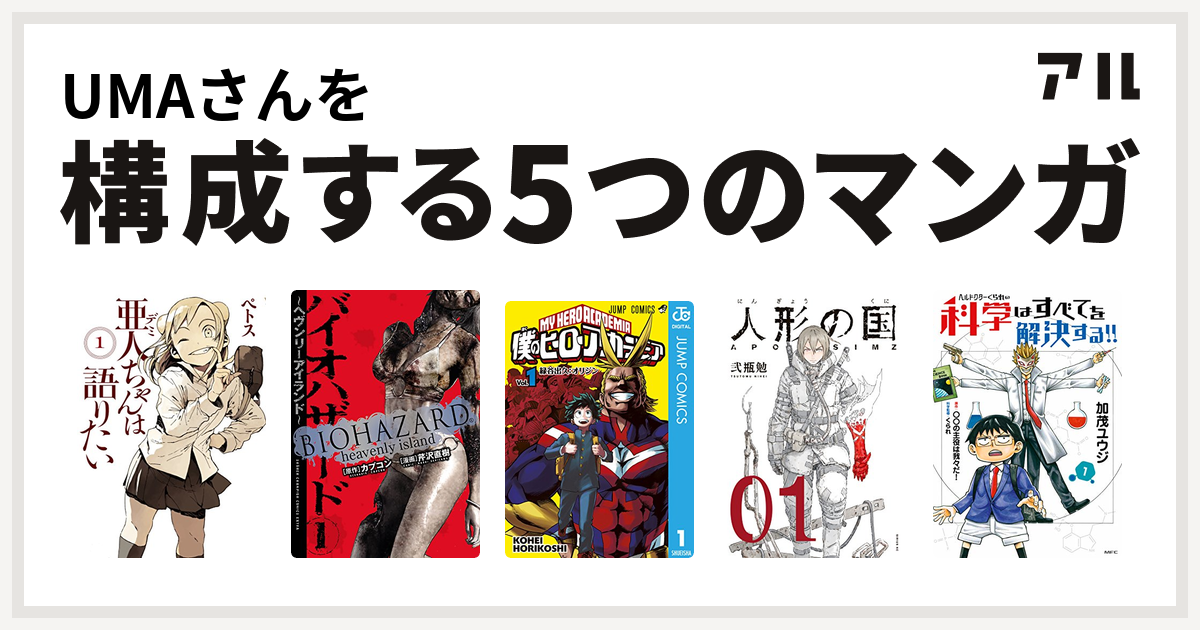 Umaさんを構成するマンガは亜人ちゃんは語りたい バイオハザード ヘヴンリーアイランド 僕のヒーローアカデミア 人形の国 ヘルドクターくられの科学はすべてを解決する 私を構成する5つのマンガ アル