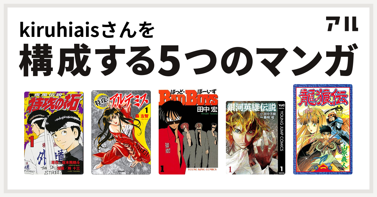 Kiruhiaisさんを構成するマンガは特攻の拓 特攻 アルテミス Badboys 銀河英雄伝説 龍狼伝 私を構成する5つのマンガ アル