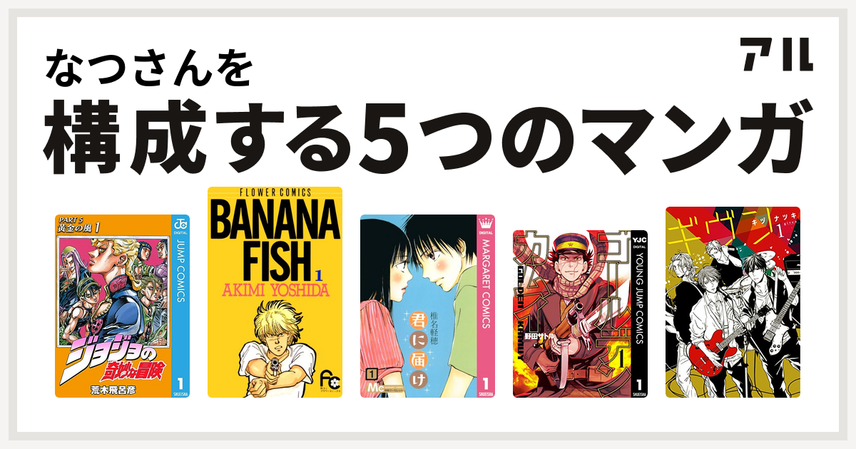 なつさんを構成するマンガはジョジョの奇妙な冒険 第5部
BANANA FISH
君に届け
ゴールデンカムイ
ギヴン！