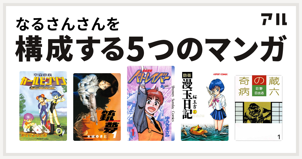 なるさんさんを構成するマンガは宇宙家族カールビンソン 銃夢 機動警察パトレイバー 防衛漫玉日記 蔵六の奇病 私を構成する5つのマンガ アル